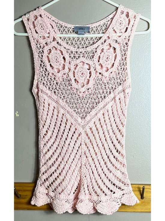 Yaira Tops - Yaira Crochet Vest Peach Pullover Cotton Top Cottagecore Dainty Fairy Womens S
